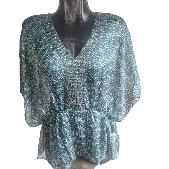 RW&CO Teal And Black Patterned Kimono Style Top L - Picture 1 of 6